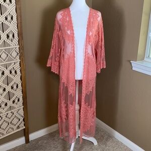 Rachel Zoe Lace Kimono Duster One‎ Size Coral Pink Sheer Boho Cover Up